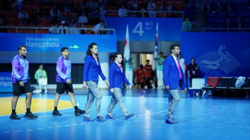 Bahrain Team officiate in the women's final at the Hangzhou Asians
