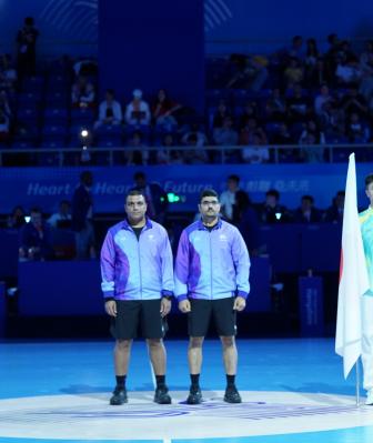 Bahrain Team officiate in the women's final at the Hangzhou Asians